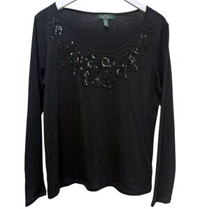 LAUREN Ralph Lauren Black Tee Large Sequin Embroidered Long Sleeve Womens Top